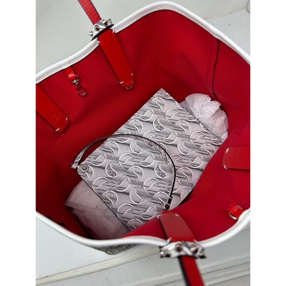 Christian Louboutin Cabata Tote Bag Purse Toile Studded Spike White Black Pouch - Picture 4 of 12